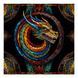 Póster Dragon Swirl em design de mosaico multicolor