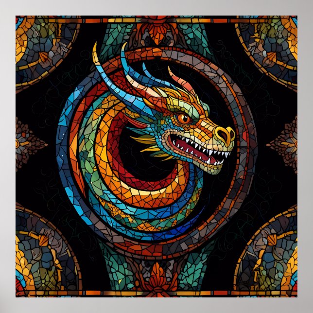 Poster Dragon Swirl em design de mosaico multicolor (Frente)