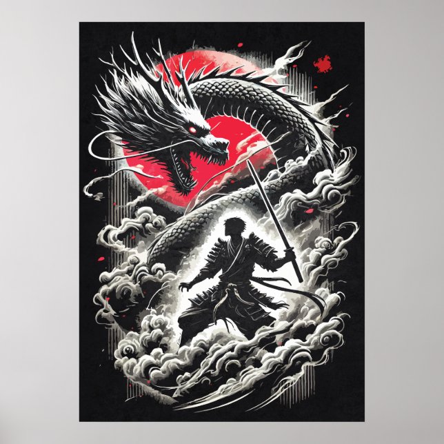 Poster Dragon vs Samurai Warrior - Japanese Tattoo (Frente)