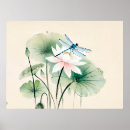 Poster Dragonfly de Tinta Chinesa no Lotus