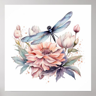 Poster Dragonfly & Flowers de Aquarela