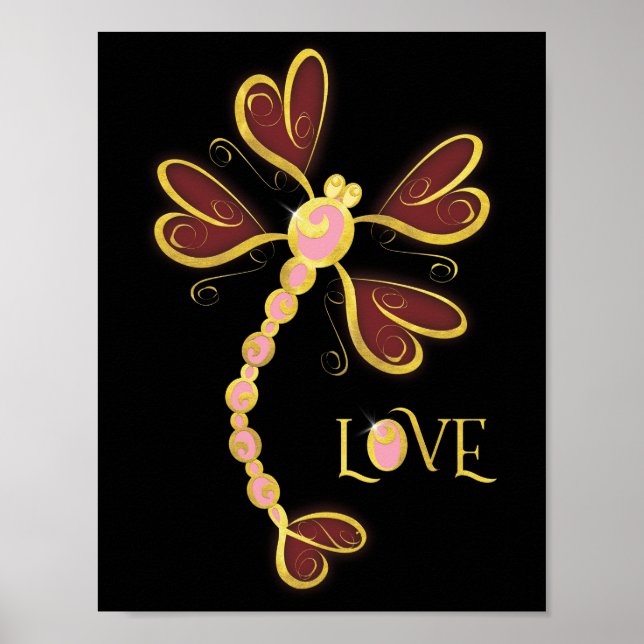 Póster Dragonfly "Love" Gold bonito design (Frente)