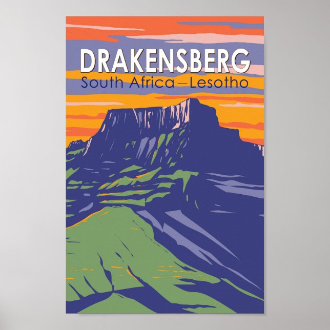Poster Drakensberg África do Sul Retro de Viagem de Arte  (Frente)
