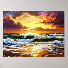 Poster Dramatic Ocean Waves on the Beach Sunset Art