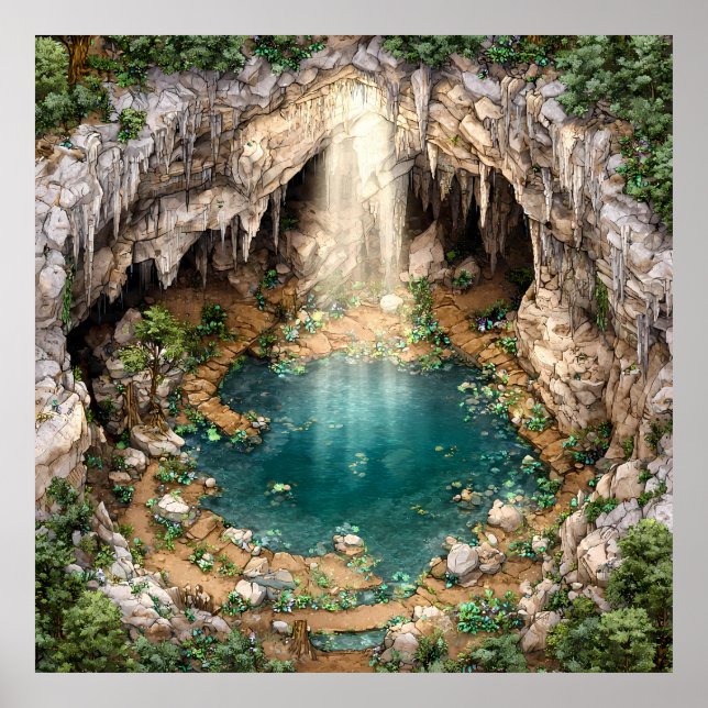 Poster Dramático Lago Caverna Subterrâneo - Luz e Forma (Frente)