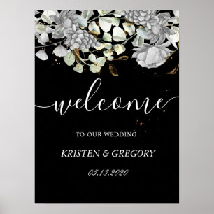 Poster dramático prata dourado floral Casamento Bem-vind