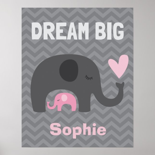 Poster Dream Big Little One - Cinzas e Elefantes Rosa (Frente)