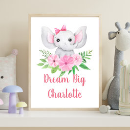 Poster Dream Big Pink Elephant Baby Nursery Art