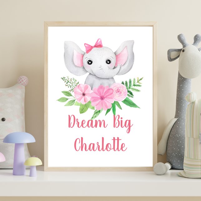 Poster Dream Big Pink Elephant Baby Nursery Art (Pink Elephant Baby Girl Nursery Wall Art, Dream Big Personalized Baby Gift)