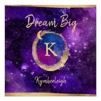 Póster Dream Big Watercolor Galaxy Monograma Dourado