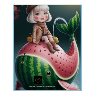 Póster Dream Ride – Cute Girl on Watermelon Whale Fantasy