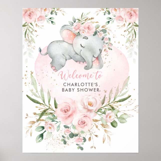 Poster Dreamant Elephant Pink Blush Floral Baby Welcome (Frente)