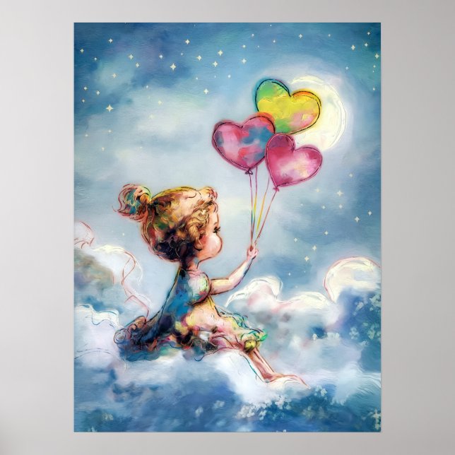 Poster DreamNight Sky - Garota Whimsical com Balões (Frente)