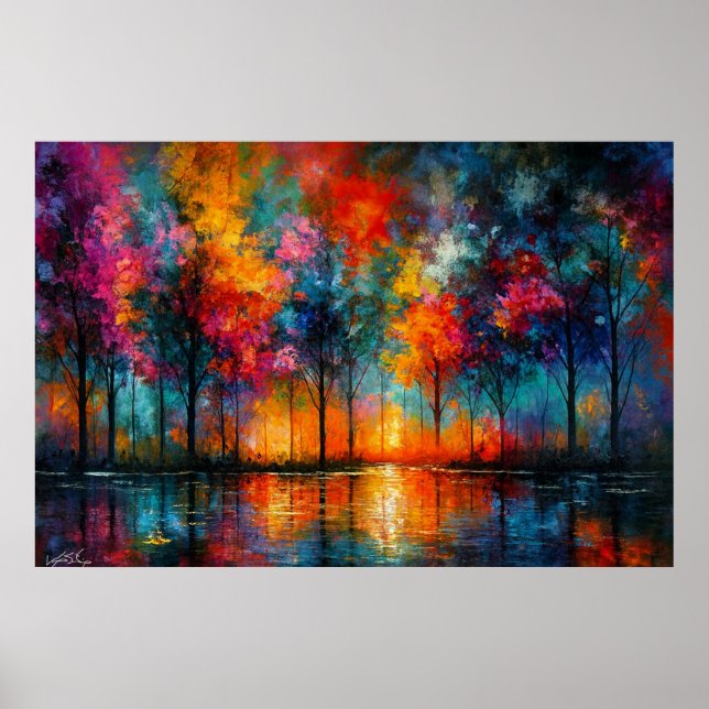 Poster Dreamscape Grove Colorful Trees at Dusk (Frente)