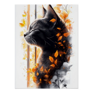 Póster Dreamy Cat em uma brisa de outono pela janela