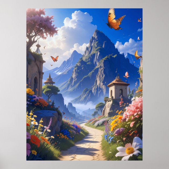 Poster Dreamy Fantasy Landscape Tapestry – Mountains & Bl (Frente)