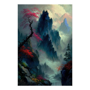 Póster Dreamy Misty Mountain Landscape Poster brilhante