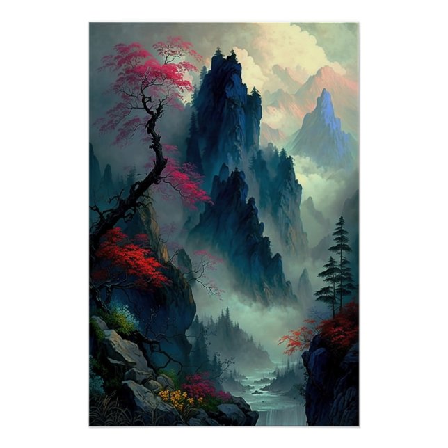 Póster Dreamy Misty Mountain Landscape Poster brilhante (Frente)