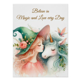 Póster Dreamy Nursery Art Witch Unicorn Watercolor
