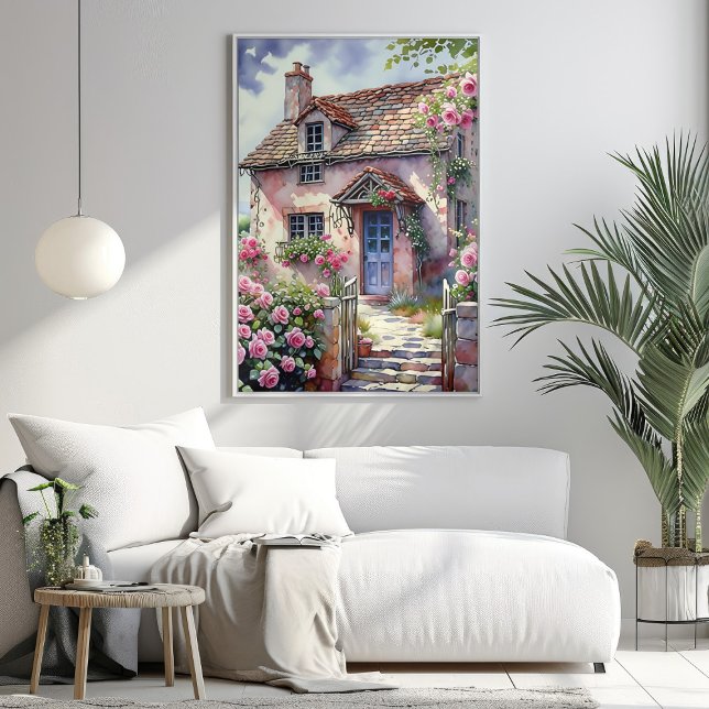 Poster Dreamy Summer Village com Rosas (Dreamy Summer Village with Roses Poster Mockup 1)