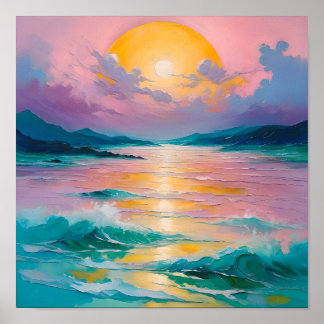Poster Dreamy Sunset Over Ocean Waves – Pastel Seascape P