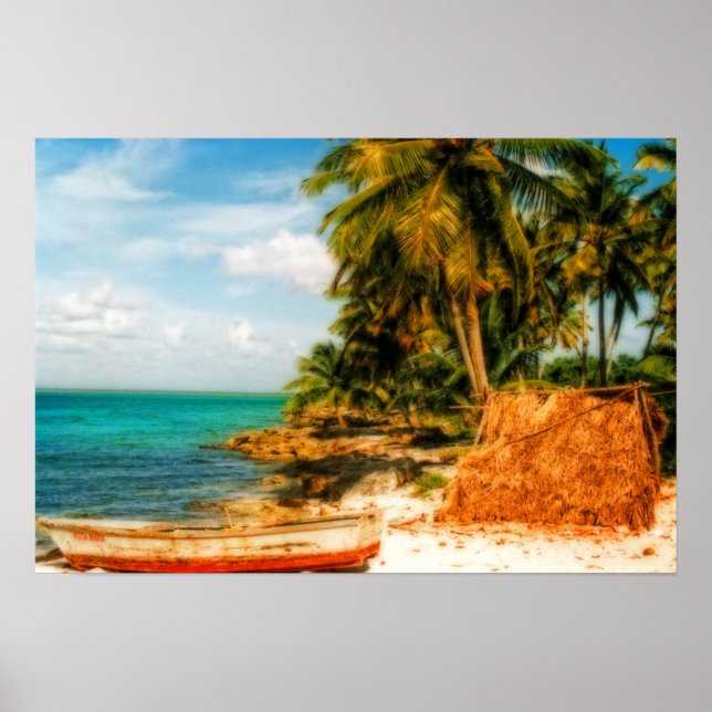 Poster Dreamy Tropical Beach com Rowboat (Frente)