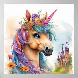 Poster Dreamy Unicorn Watercolor com Castelo e Flores