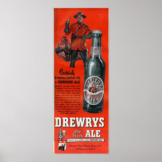 POSTER DREWRYY VELHO STOCK ALE-VINTAGE CANADIAN BEER POST (Frente)