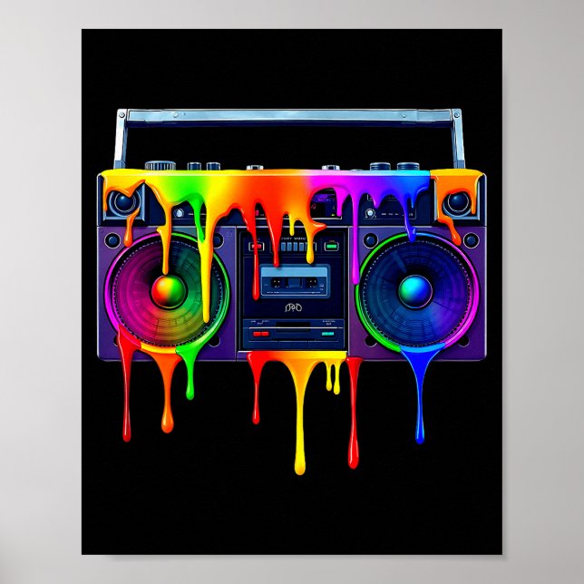 Poster Dripng Paint Boombox Funny Old School 80s Music Hi (Frente)