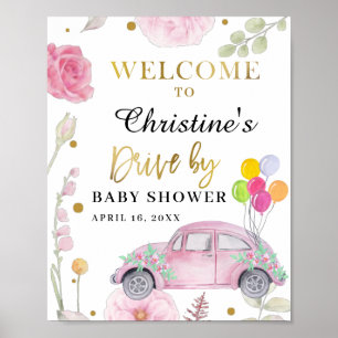 Poster Drive By Baby Shower Parade Pink Floral Welcome