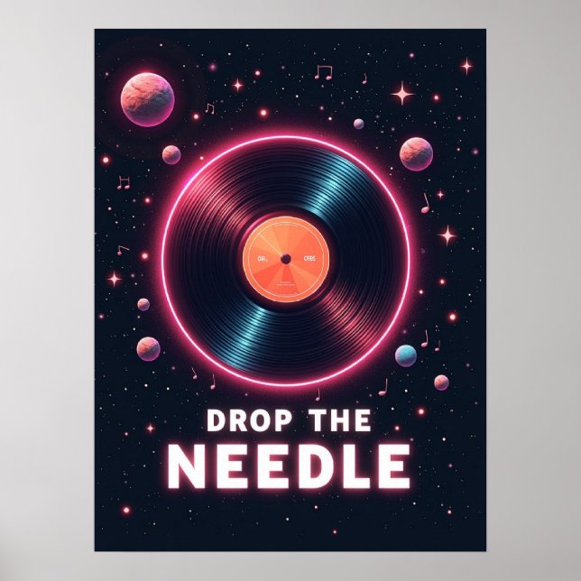 Poster Drop the Needle – Retro Vinyl in Space (Frente)