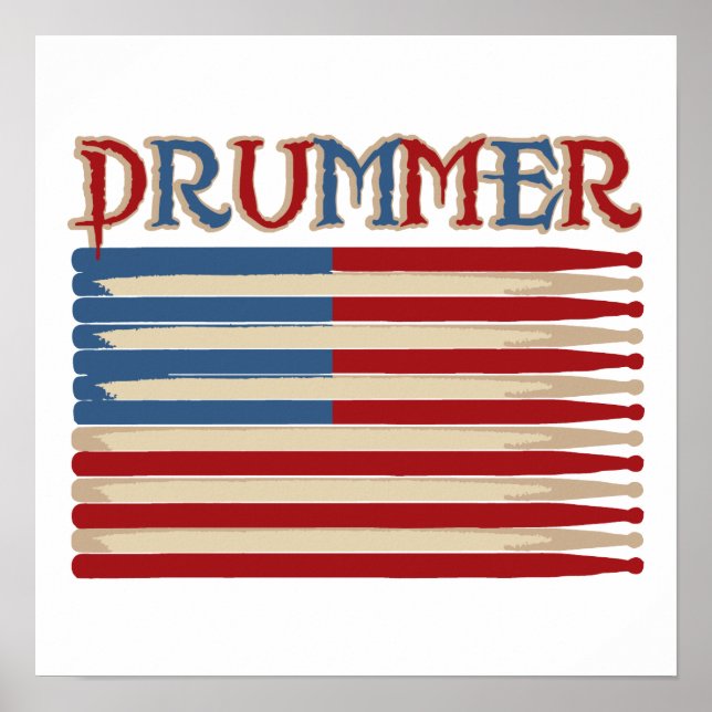 Póster Drum Stick USA Flag Drummer Camisetas e presentes (Frente)
