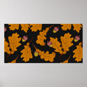 Poster Dry oak leaves and acorns. Hand drawn seamless pat