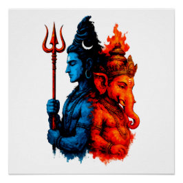 Póster Dualidade Divina: Camiseta Azul Shiva & Ganesha
