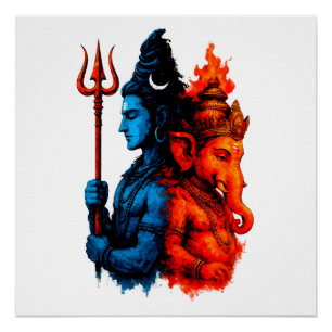 Póster Dualidade Divina: Camiseta Azul Shiva & Ganesha