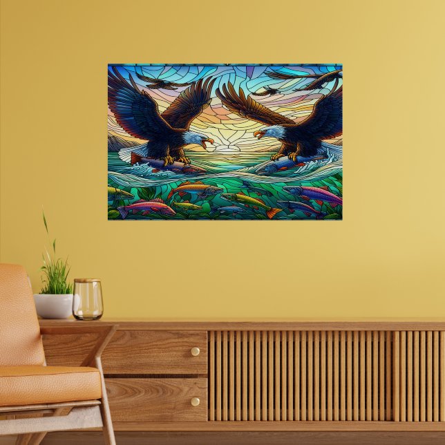 Poster Duas Águias-Baldas pescando peixes sobre um rio vi (Sala de Estar 2)