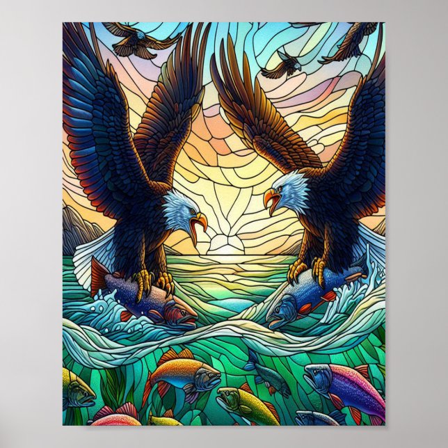 Poster Duas Águias-Válidas pescando peixes sobre a água 8 (Frente)