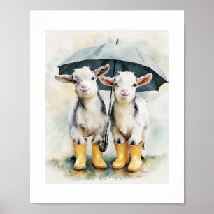 Poster Duas Cabras de Bebê em um Dia de Chuva