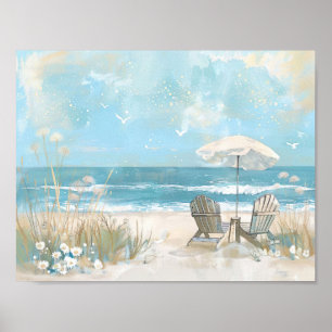Poster duas cadeiras de madeira e um parasol numa praia
