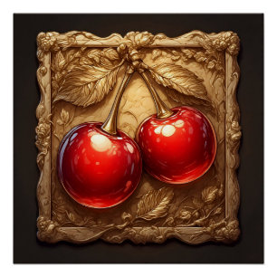 Póster Duas Cerejas Vermelhas Brilhantes com Folhas Doura