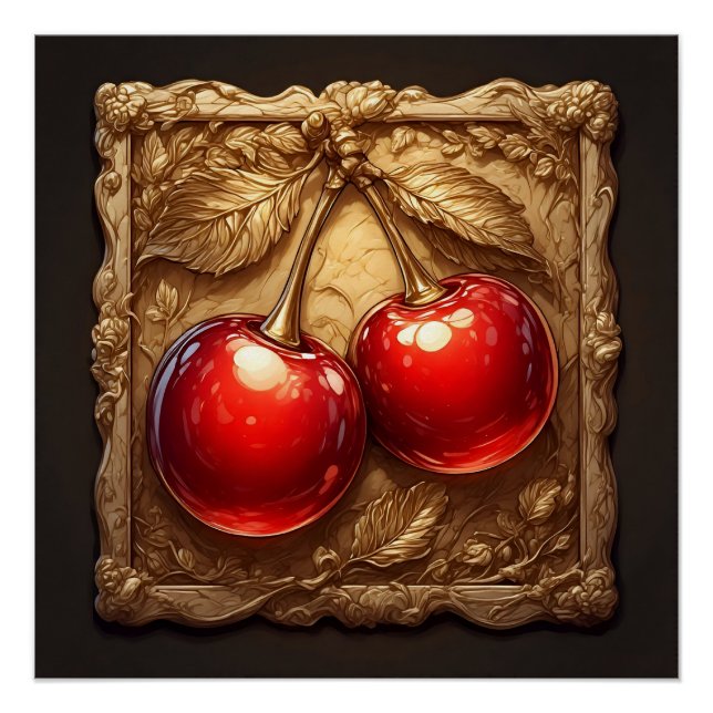 Póster Duas Cerejas Vermelhas Brilhantes com Folhas Doura (Frente)