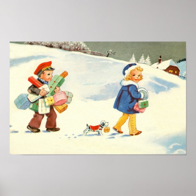 Póster Duas crianças e um cão na neve (Frente)