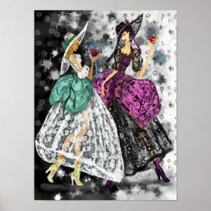 Poster Duas Damas em Vestidos Modernos Pretos e Brancos