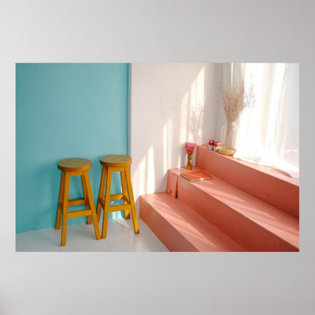 Poster Duas fezes de bar de madeira amarela (Frente)