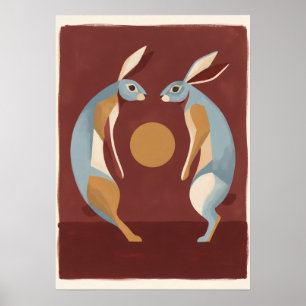 Poster Duas Lebres Azuis Lua Dourada Arte Folclórica Mode