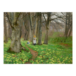 Póster Duas meninas colhendo flores na floresta de primav