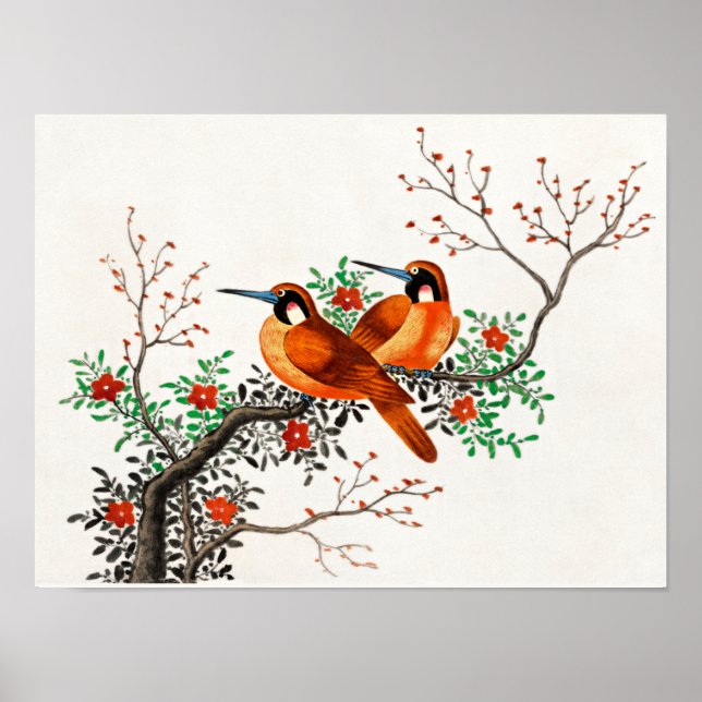 Poster Duas Pássaros em uma Ramificação de Flor (Frente)