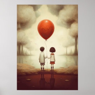 Poster Duas pessoas de mãos dadas com um balão vermelho