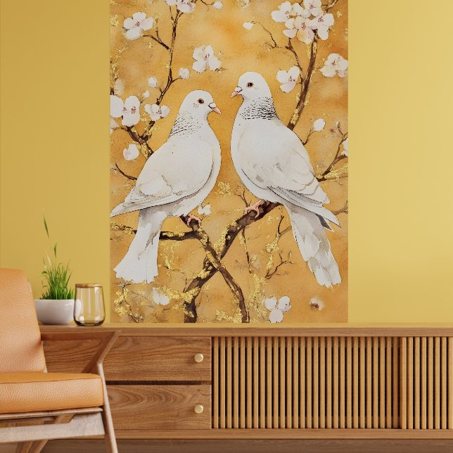Poster duas pombas brancas empoleiradas num galho (Sala de Estar 2)