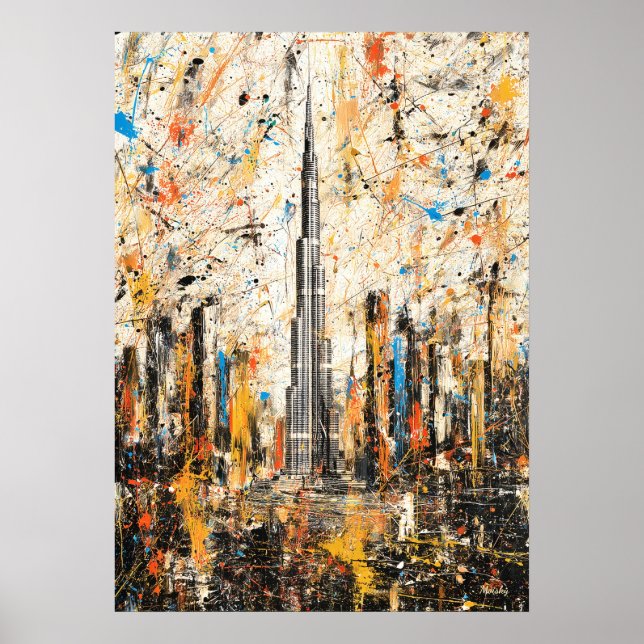 Poster Dubai Burj Khalifa Pintura Abstrata de Gotejamento (Frente)